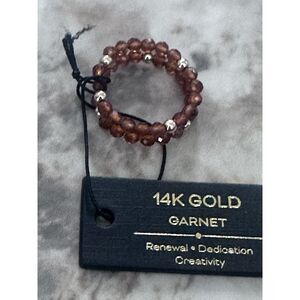14K Solid Yellow Gold Garnet Beaded Adjustable Ring